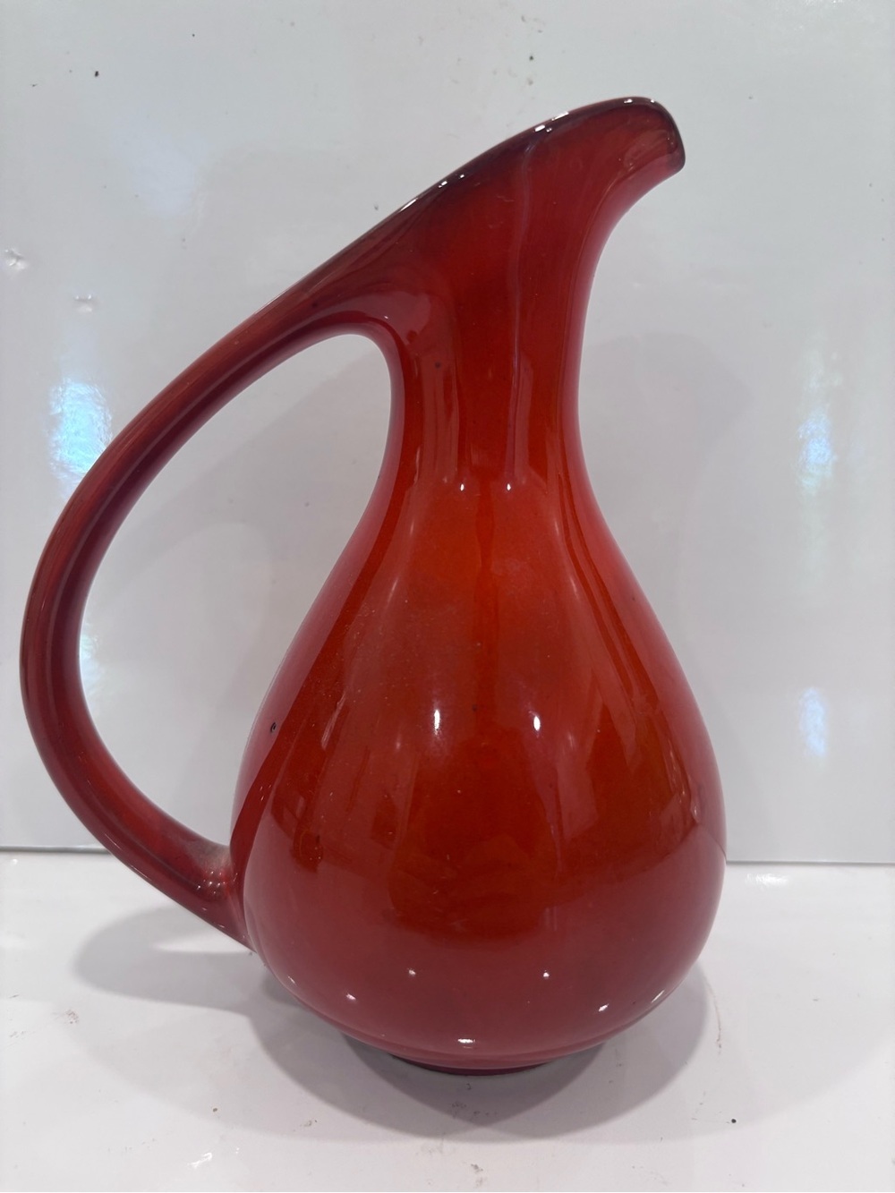 Vintage Japan Drip Glaze Ceramic Pitcher Vase Red Orange Mid Century